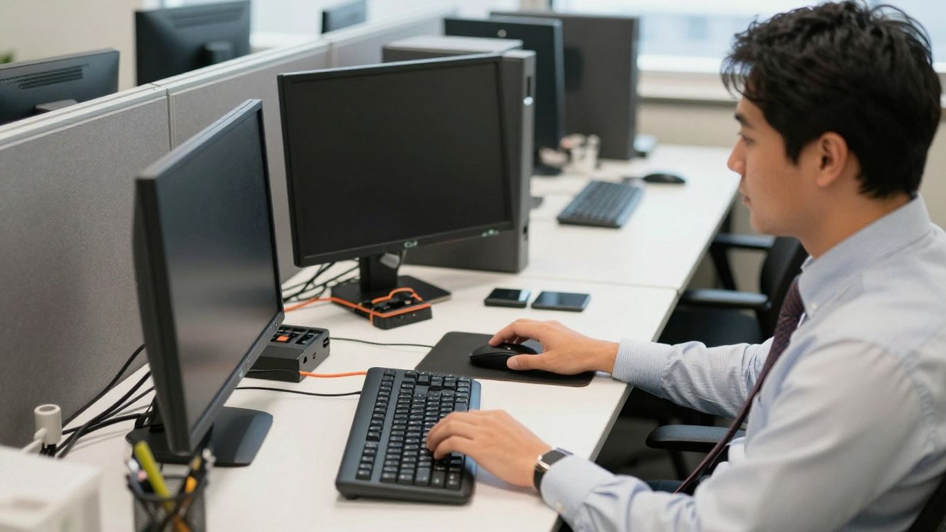 Office worker reviewing ageing business computer performance