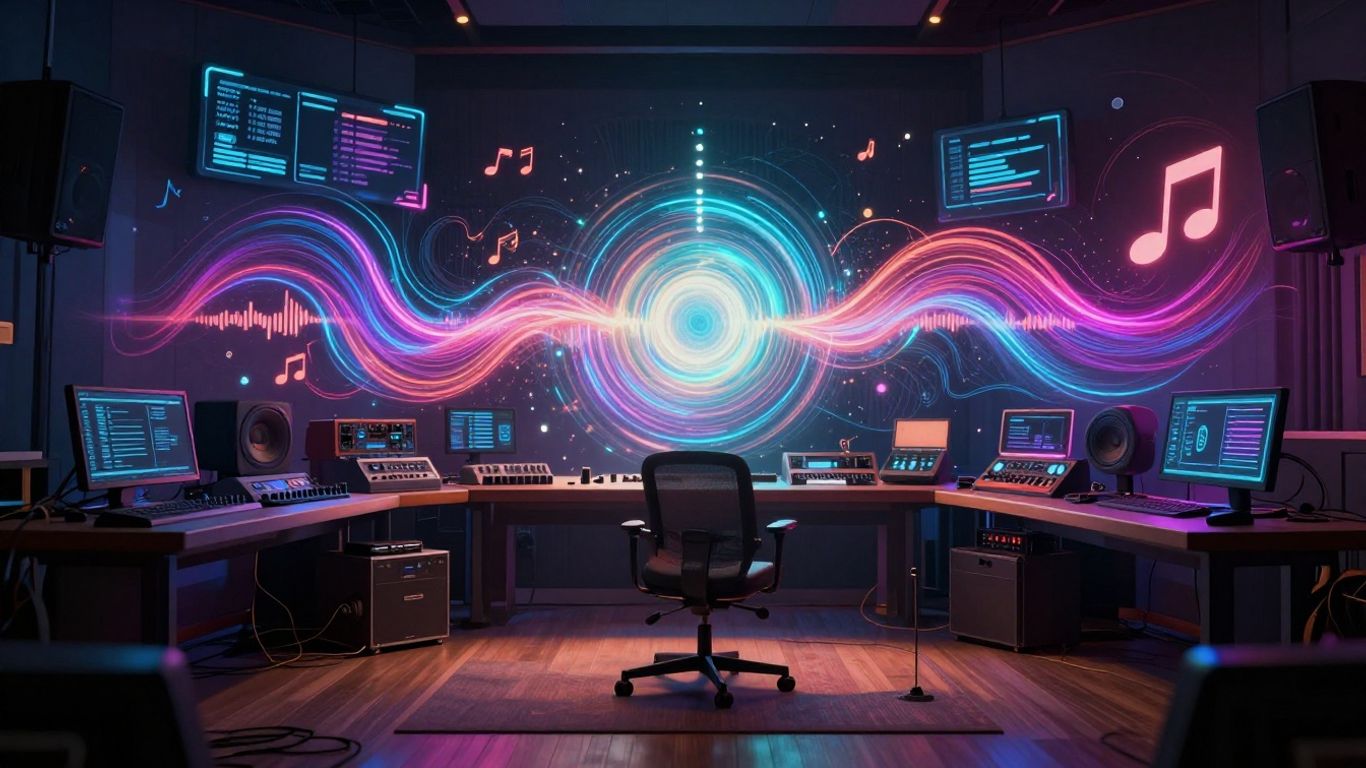 AI music generation, futuristic studio, soundwaves, technology