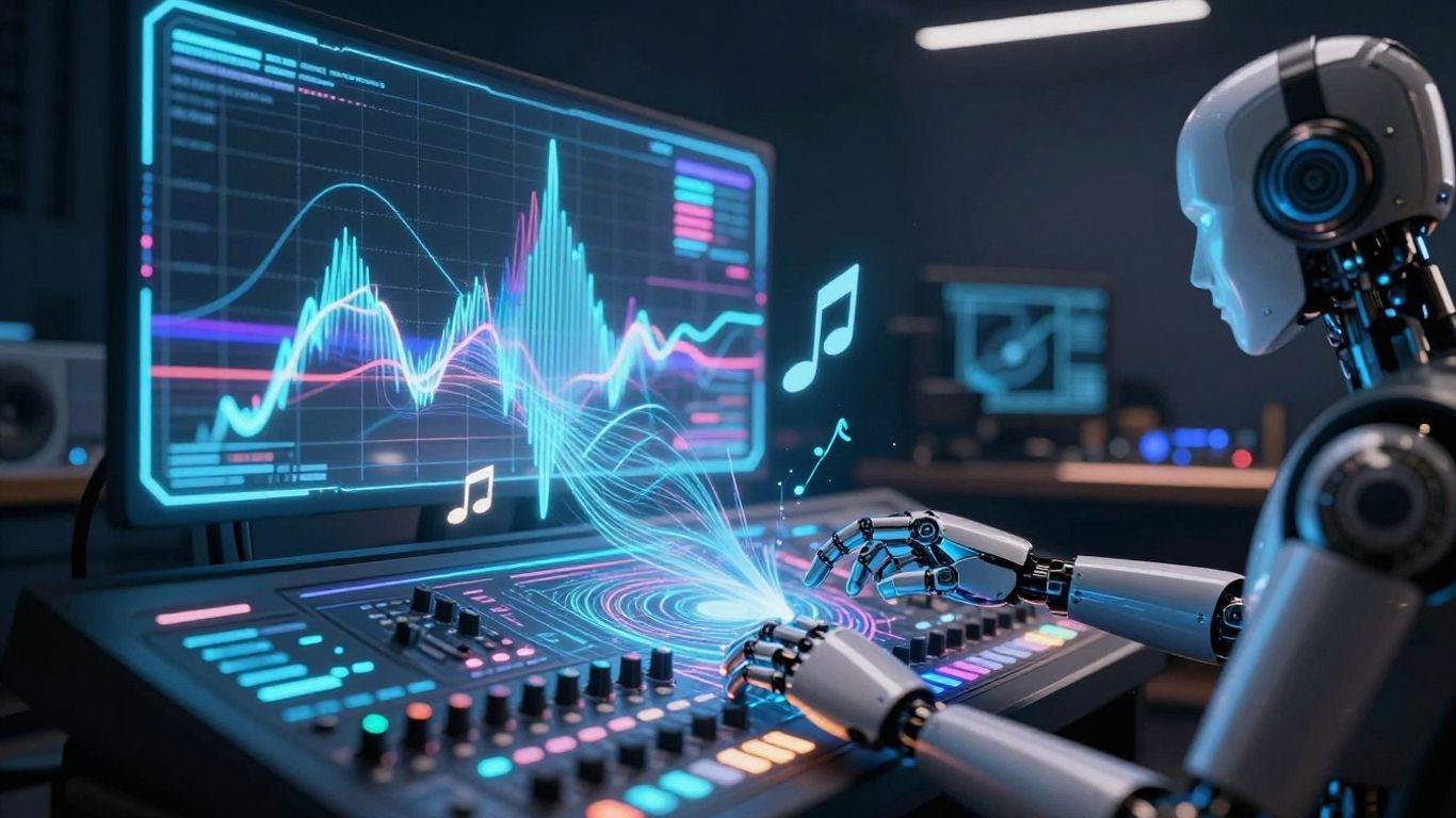 AI music creation in a futuristic studio.