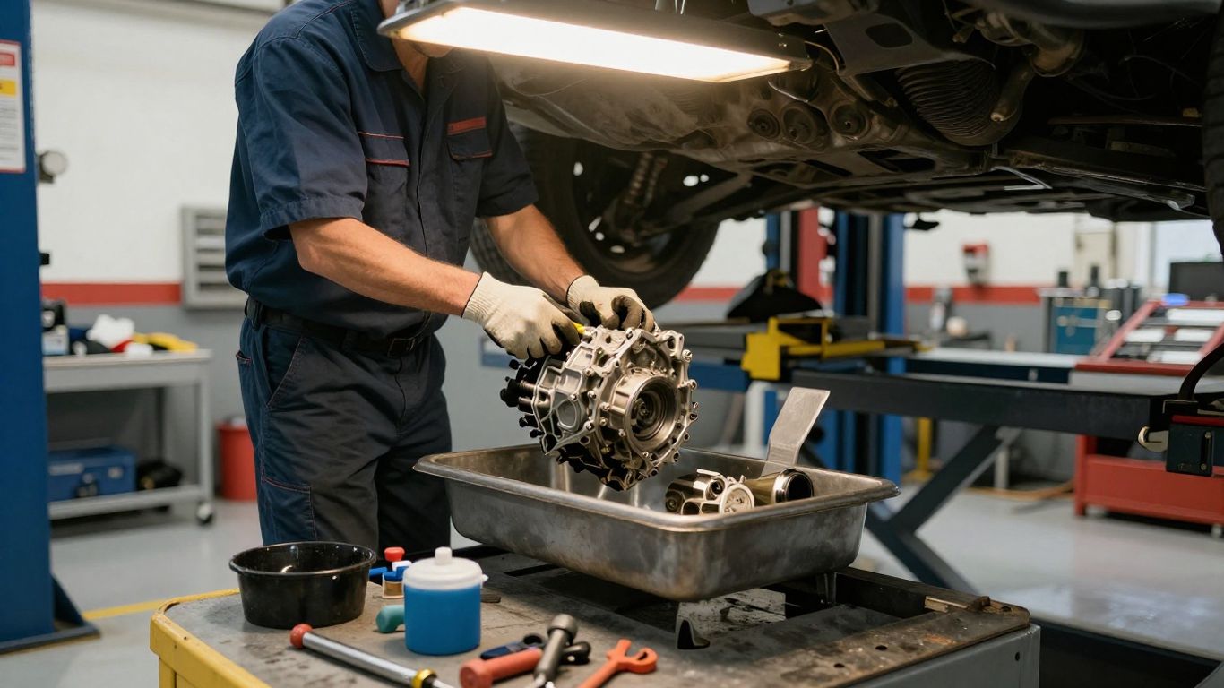 Technician servicing a vehicle transmission