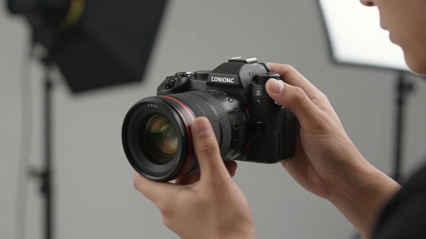 Photographer adjusting camera lens for photoshoot.