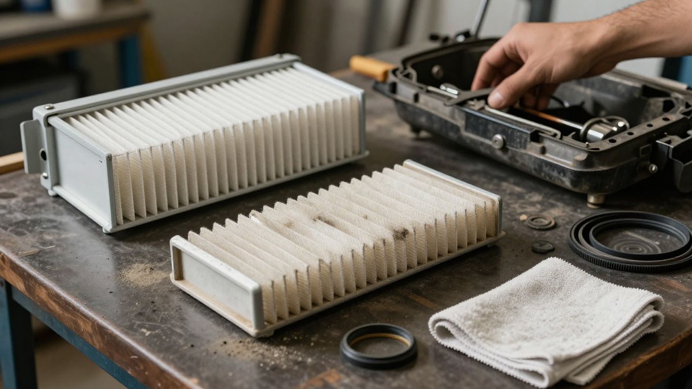 Clean and used Volvo air filters beside tools
