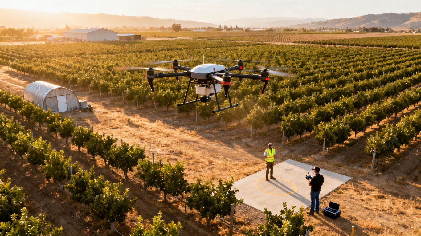Drone flying above Central Valley farm