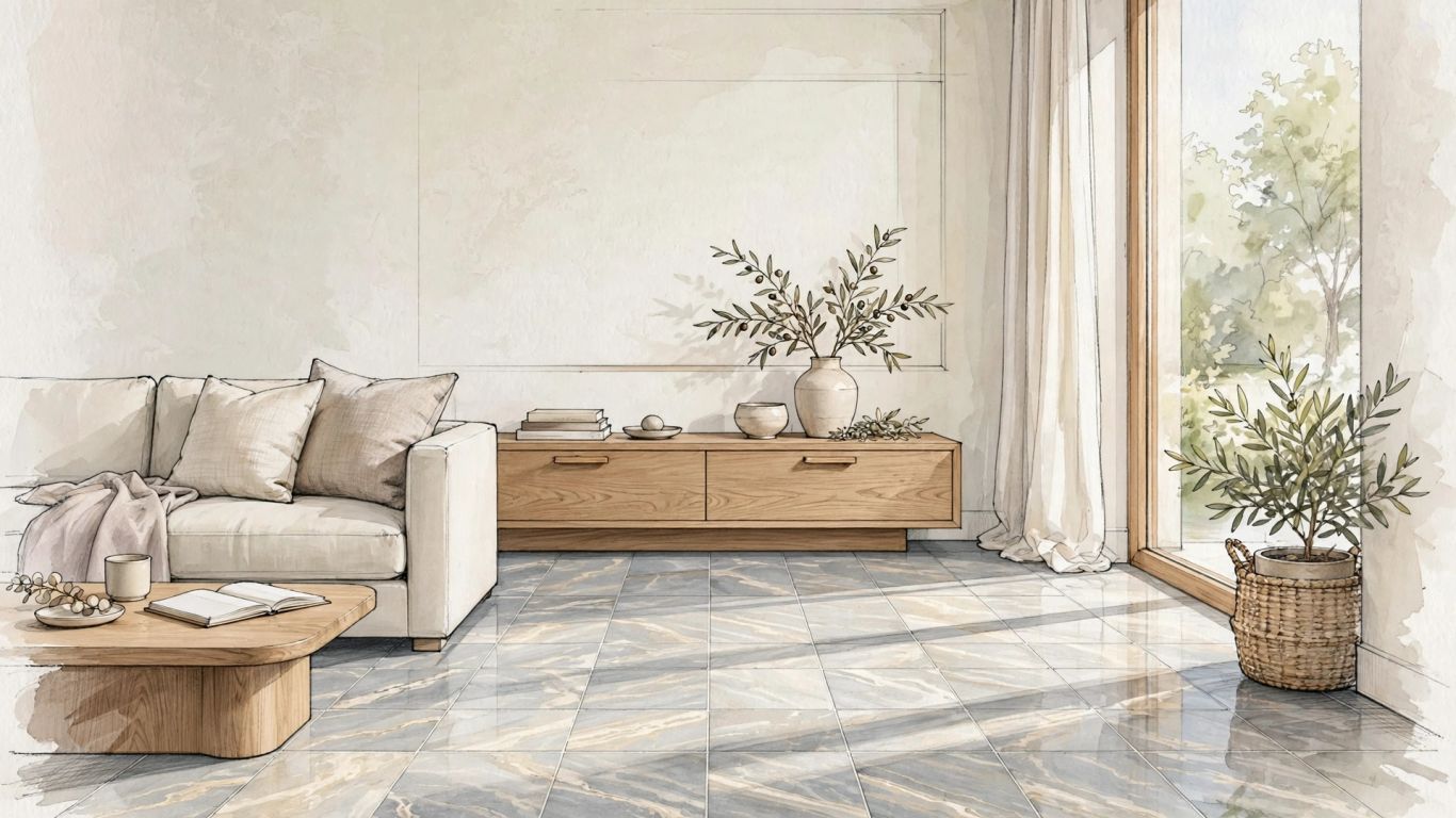 Silver travertine tiles in a calm modern interior