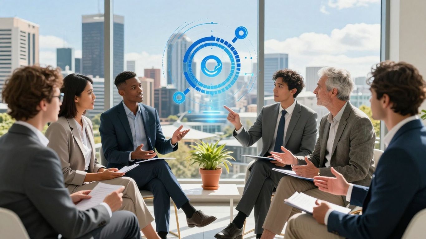 Business professionals connecting in Australian cityscape.