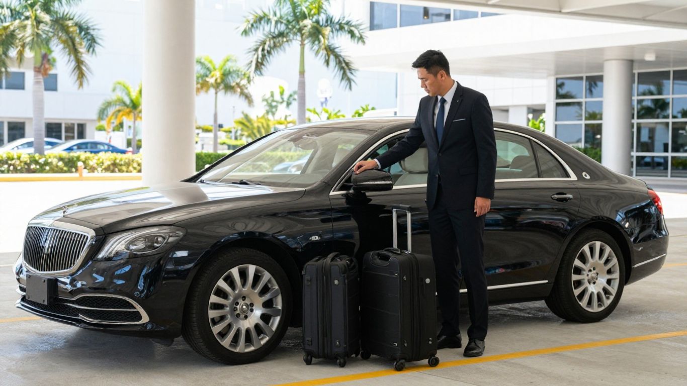 Professional chauffeur inspecting a clean luxury SUV