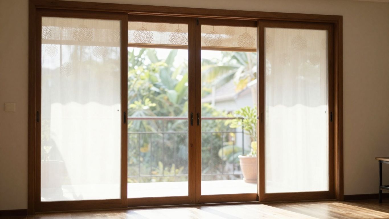 Sliding doors with decorative window treatments in a sunlit room.