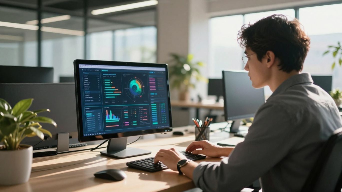 Person analyzing data on a laptop in a bright office.