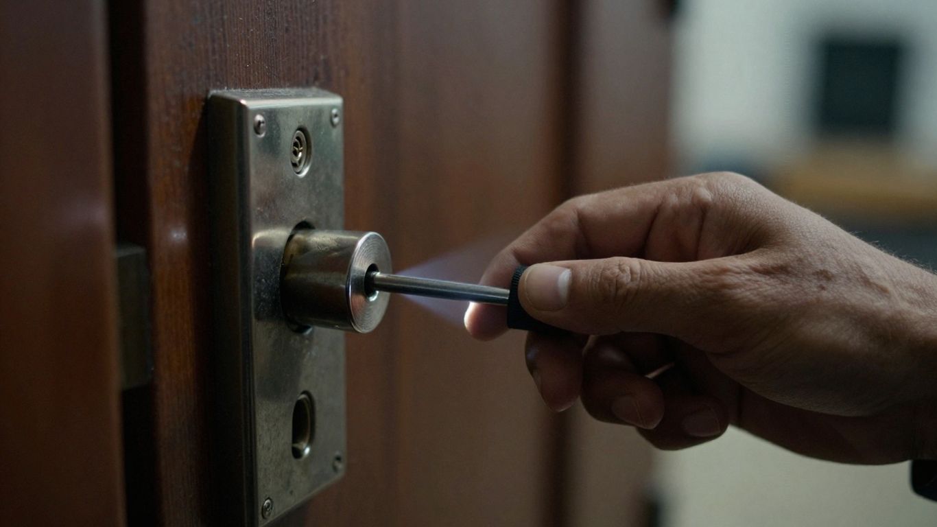 Locksmith unlocking a door at night.