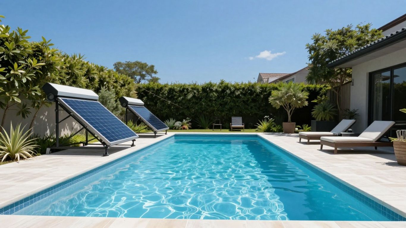 Piscina exterior con paneles solares y paisaje verde.