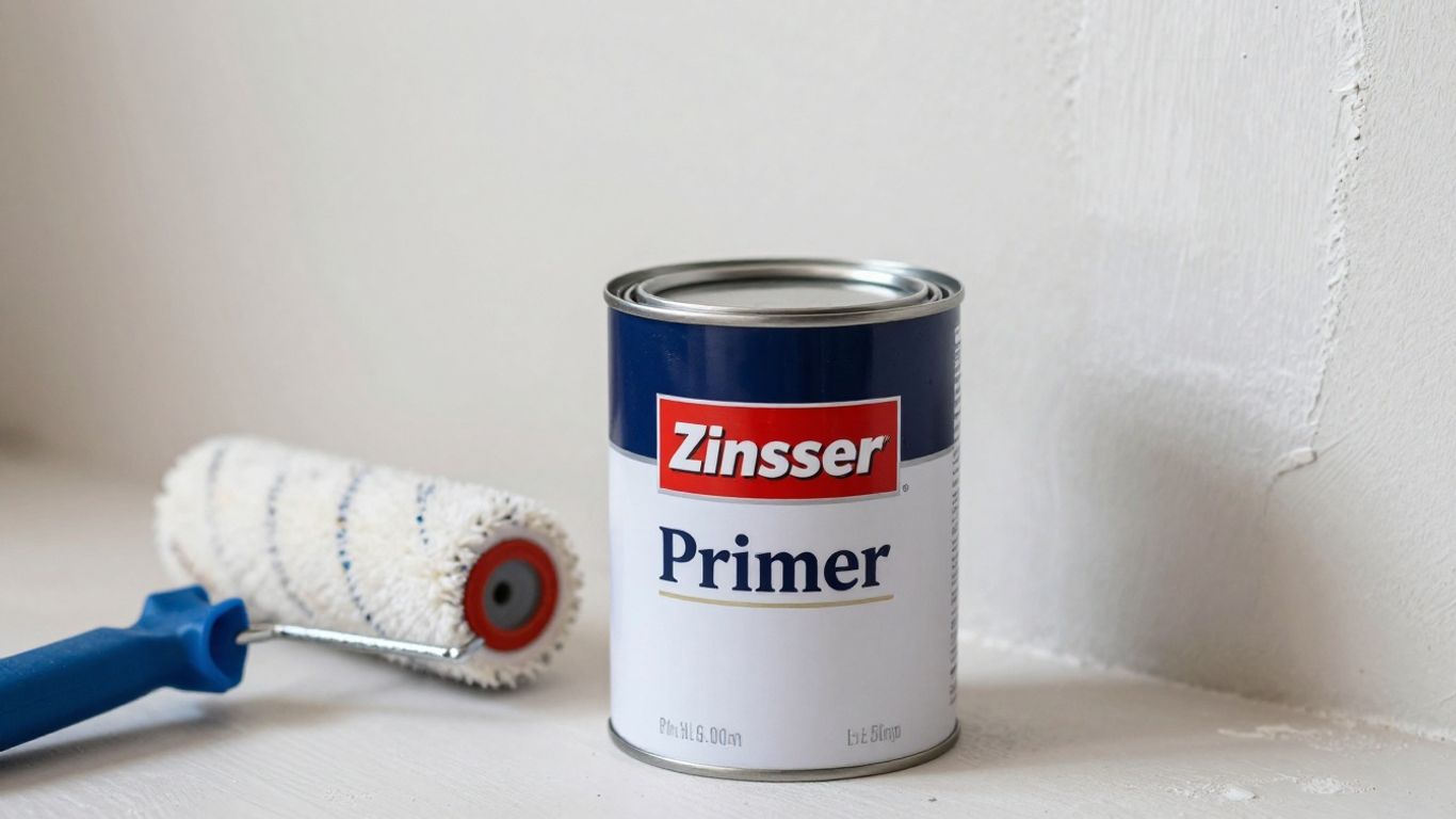Zinsser Primer can with paint roller and wall.