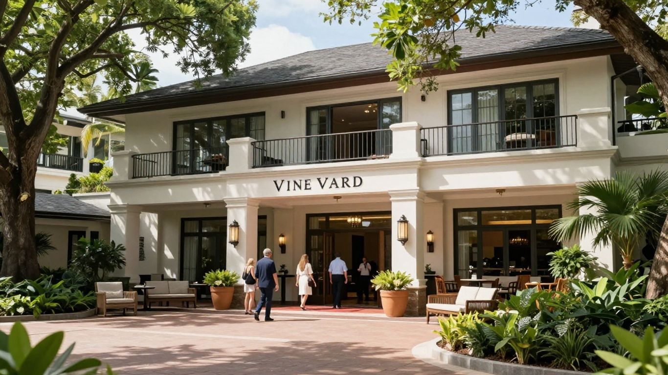 Vineyard Hotel exterior with guests entering the lobby.