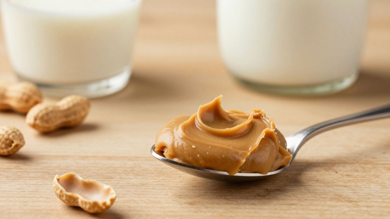Spoonful of peanut butter with peanuts and milk