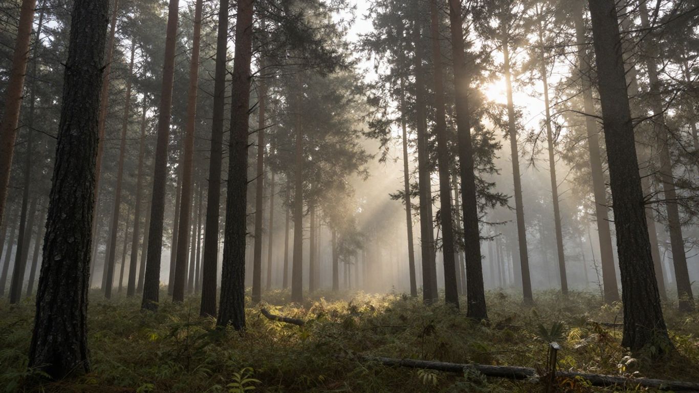 A serene forest landscape during a misty dawn