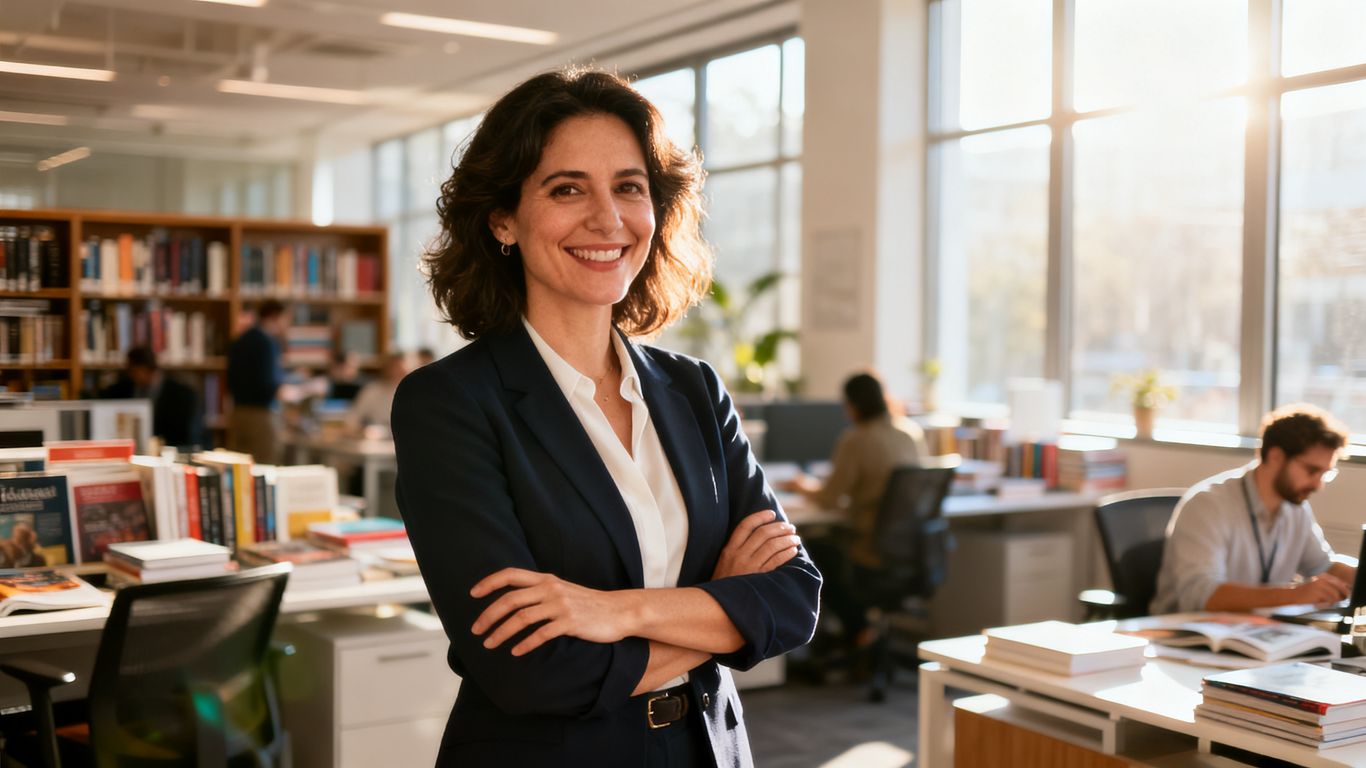 Angela Nancy in a modern office, smiling.