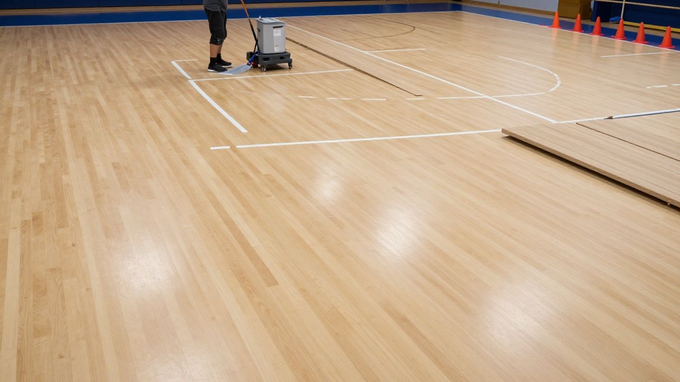 Technician cleaning a marked sports hall floor