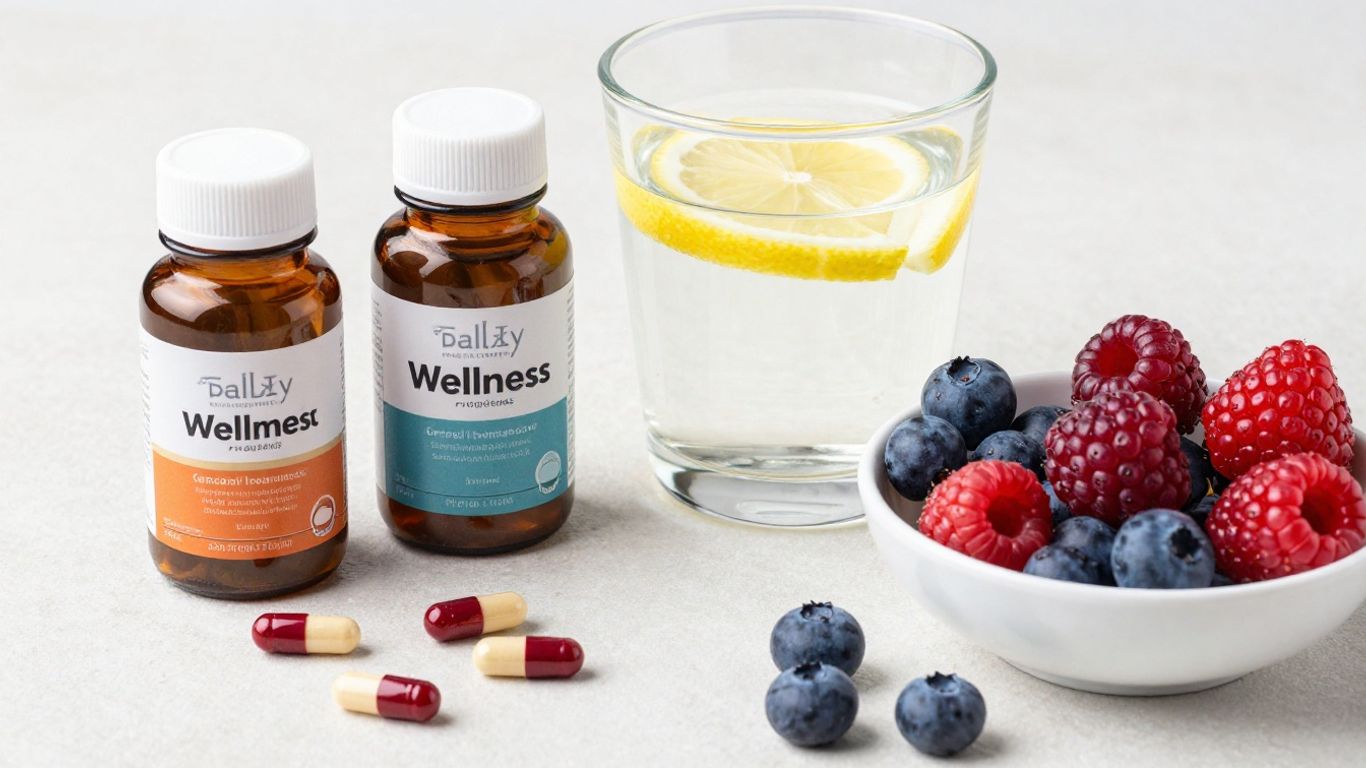 Daily gut wellness stack with supplements and fruit.