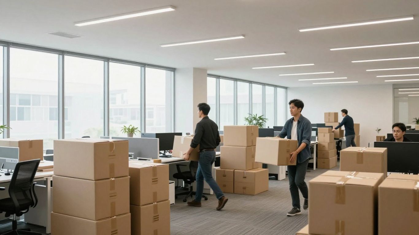 Office moving boxes and employees transitioning smoothly.
