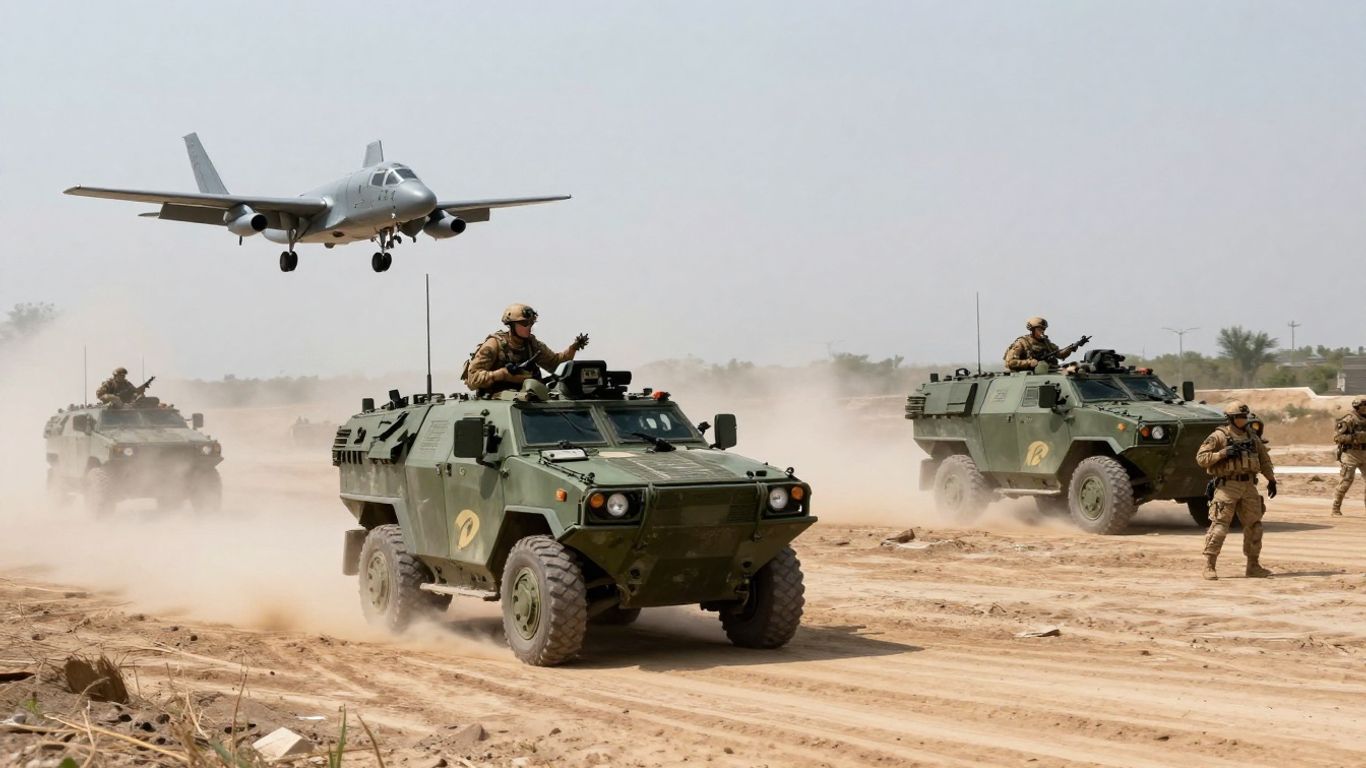 Modern military vehicles and aircraft in action.