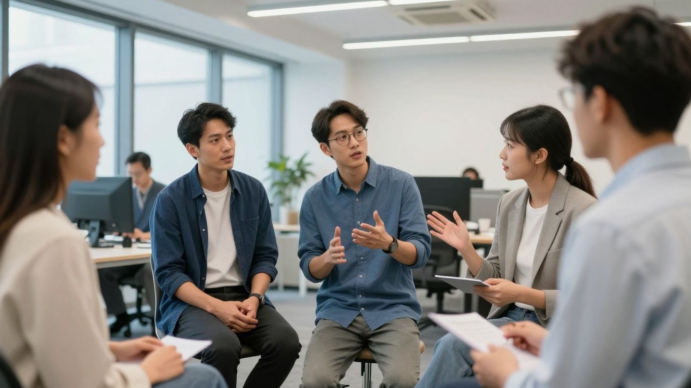 Junge Berufstätige im Büro diskutieren und arbeiten zusammen.