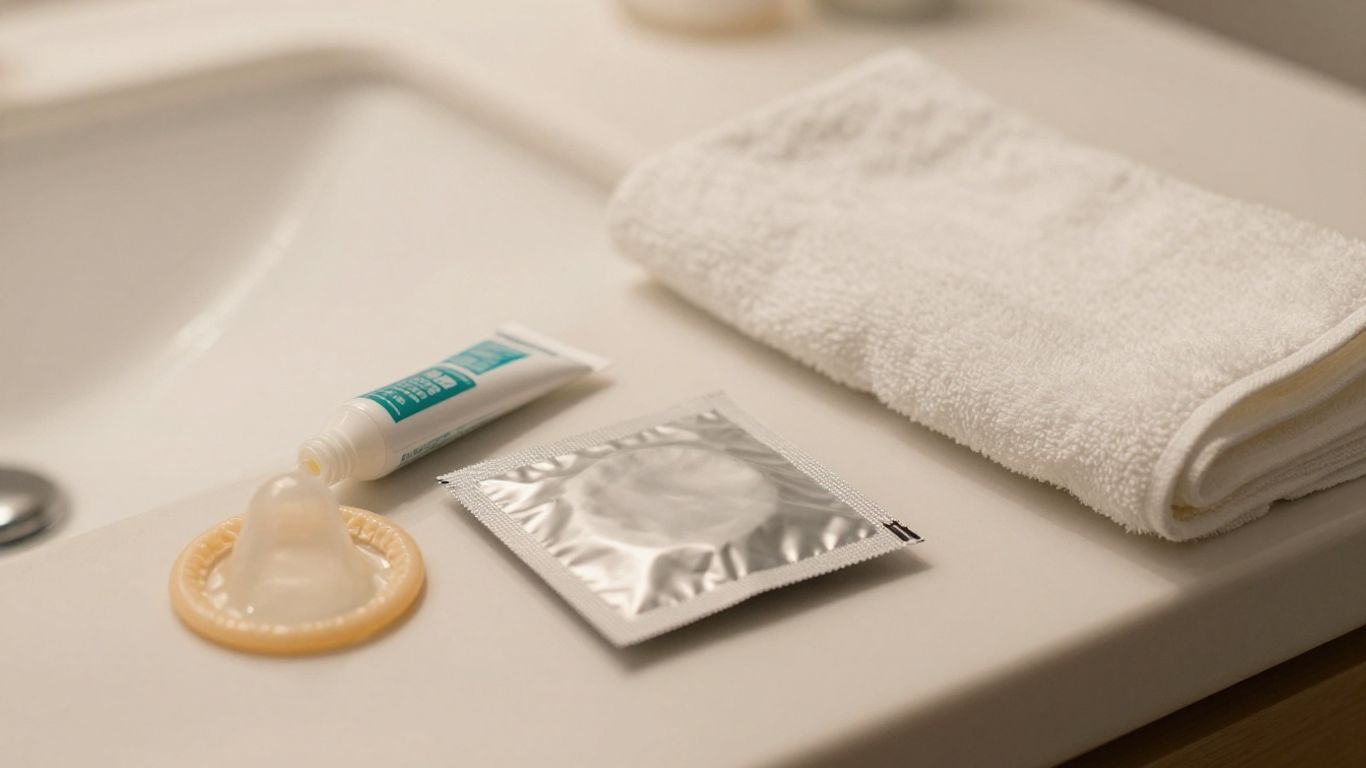 Condom package with lubricant and clean surfaces