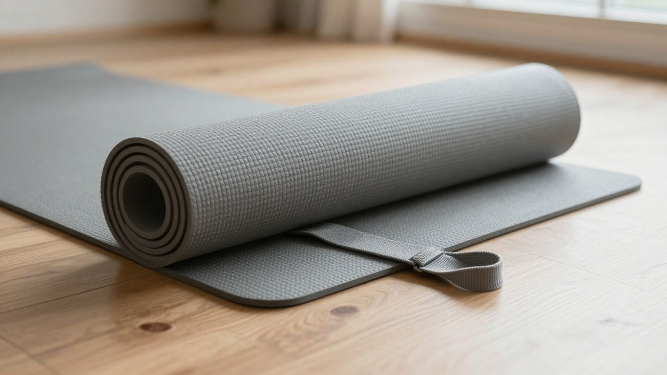 Rolled yoga mat beside an adjustable carrying strap