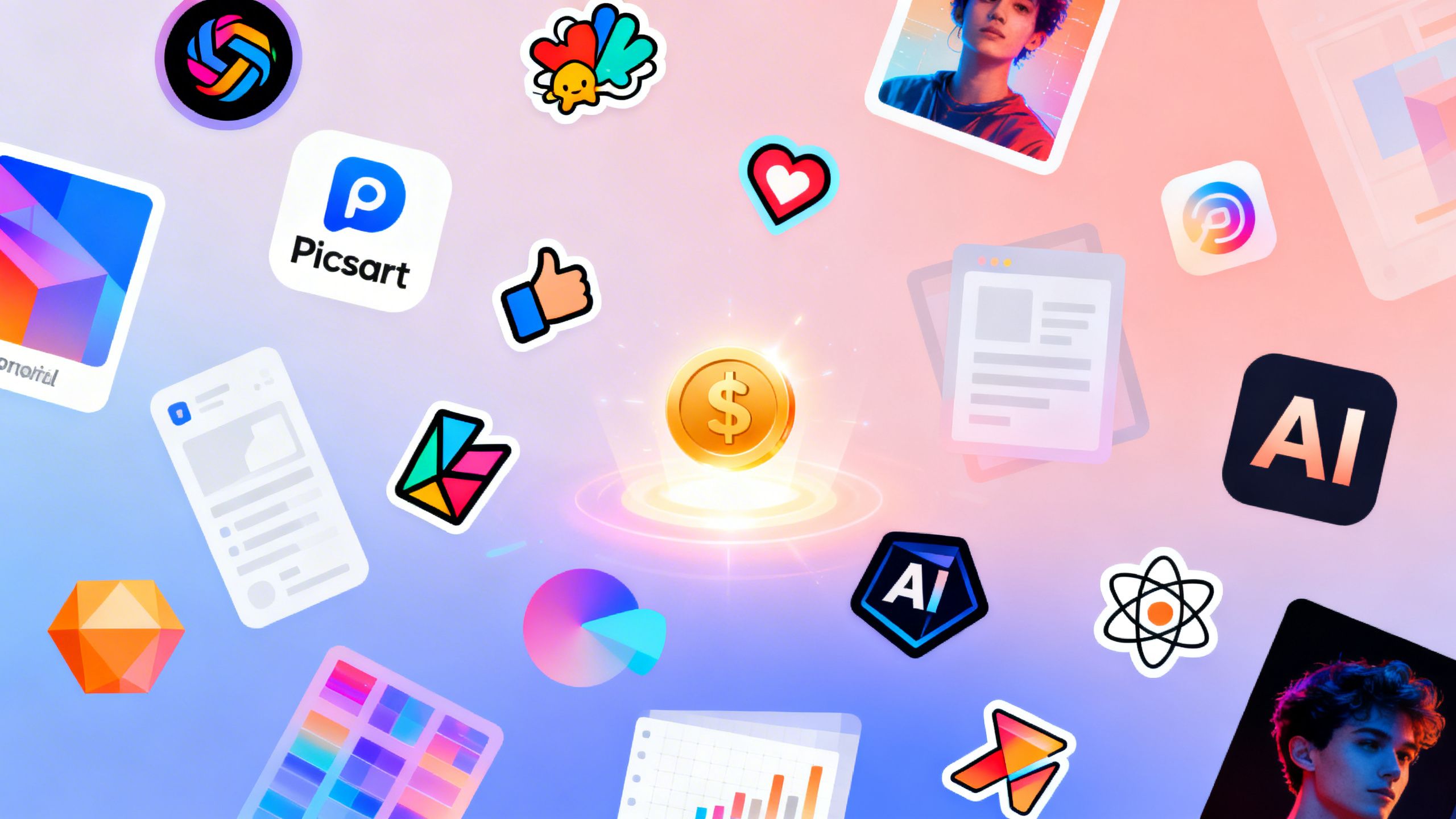 Picsart assets collage: stickers, templates, AI graphics, earning money.