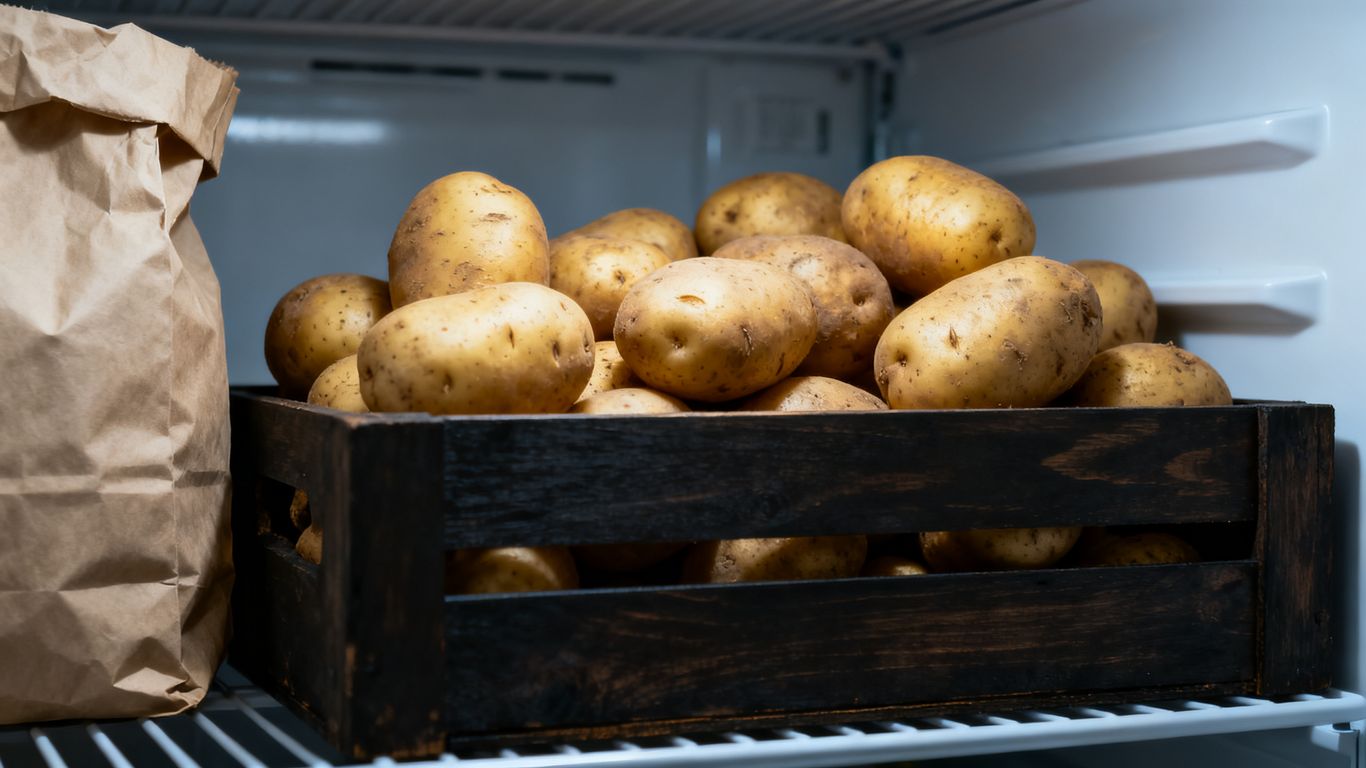 Biologische aardappelen donker bewaard in houten kist