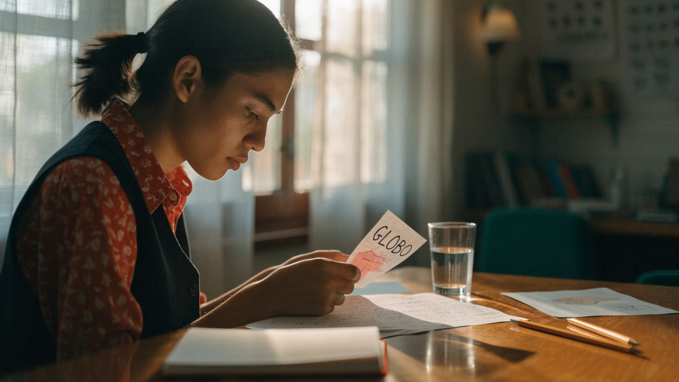 Estudiante repasando apuntes y tarjetas en escritorio