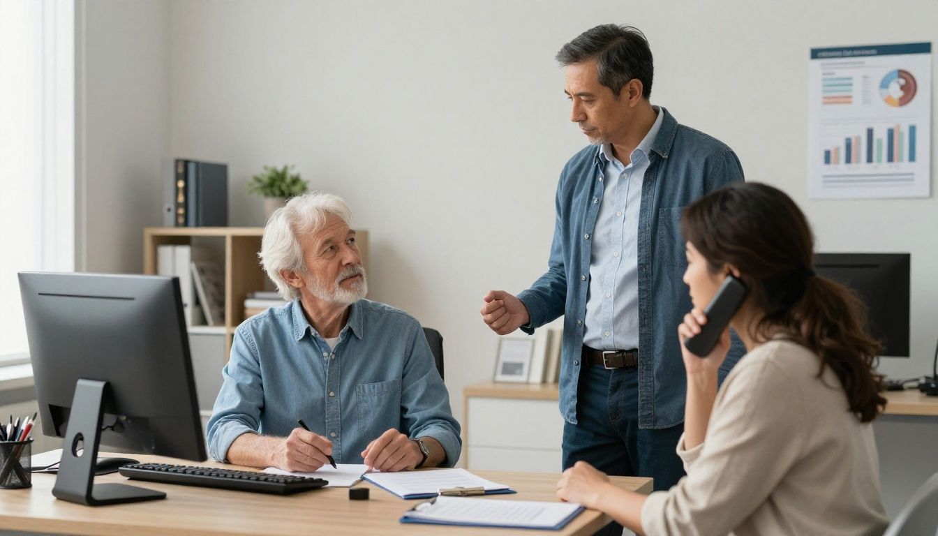 A psychiatrist pauses to stand and stretch beside a desk between patient calls in a realistic office, with age and racial diversity represented naturally.