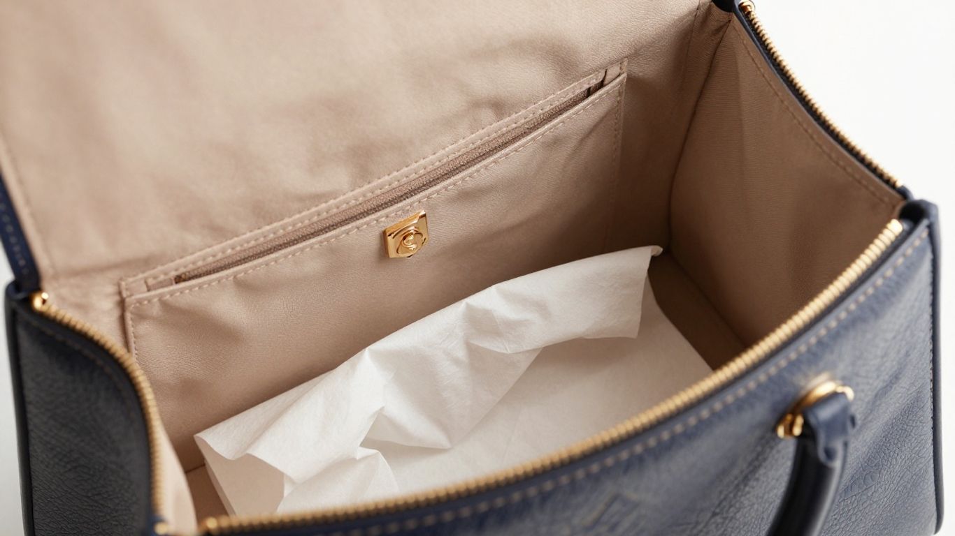 Neatly packed purse interior for gift presentation.
