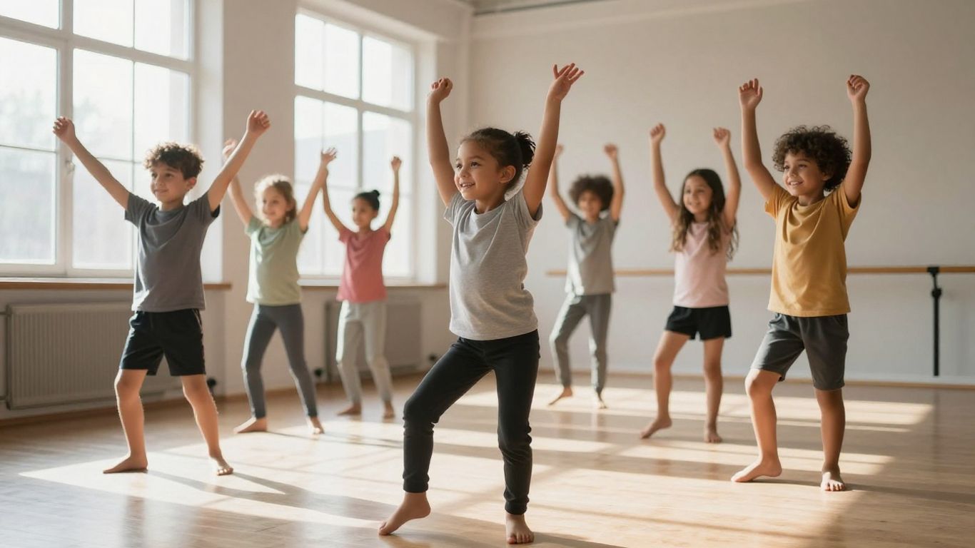 Children dancing with joy and energy in a bright studio.