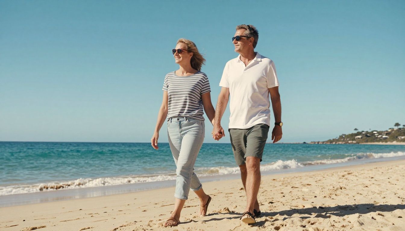 Couple enjoying a peaceful beach walk, symbolizing financial freedom.
