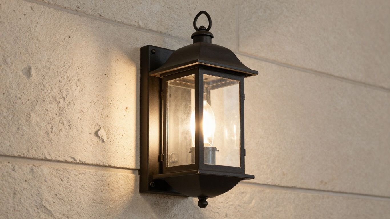 European style lantern wall light on stone wall.