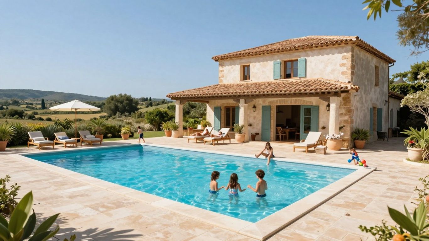 Family relaxing by villa pool in Languedoc, France