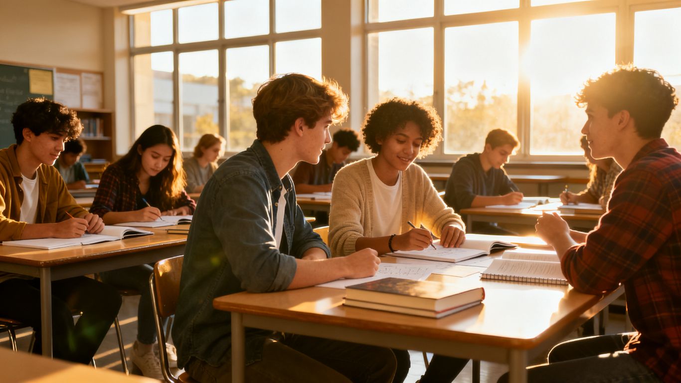 Students learning in a bright, modern classroom environment.