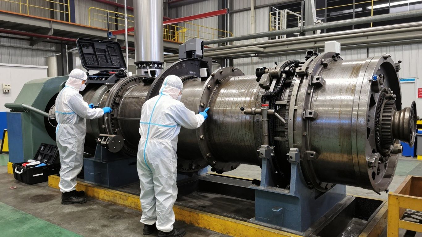 Technicians inspecting an industrial gearbox