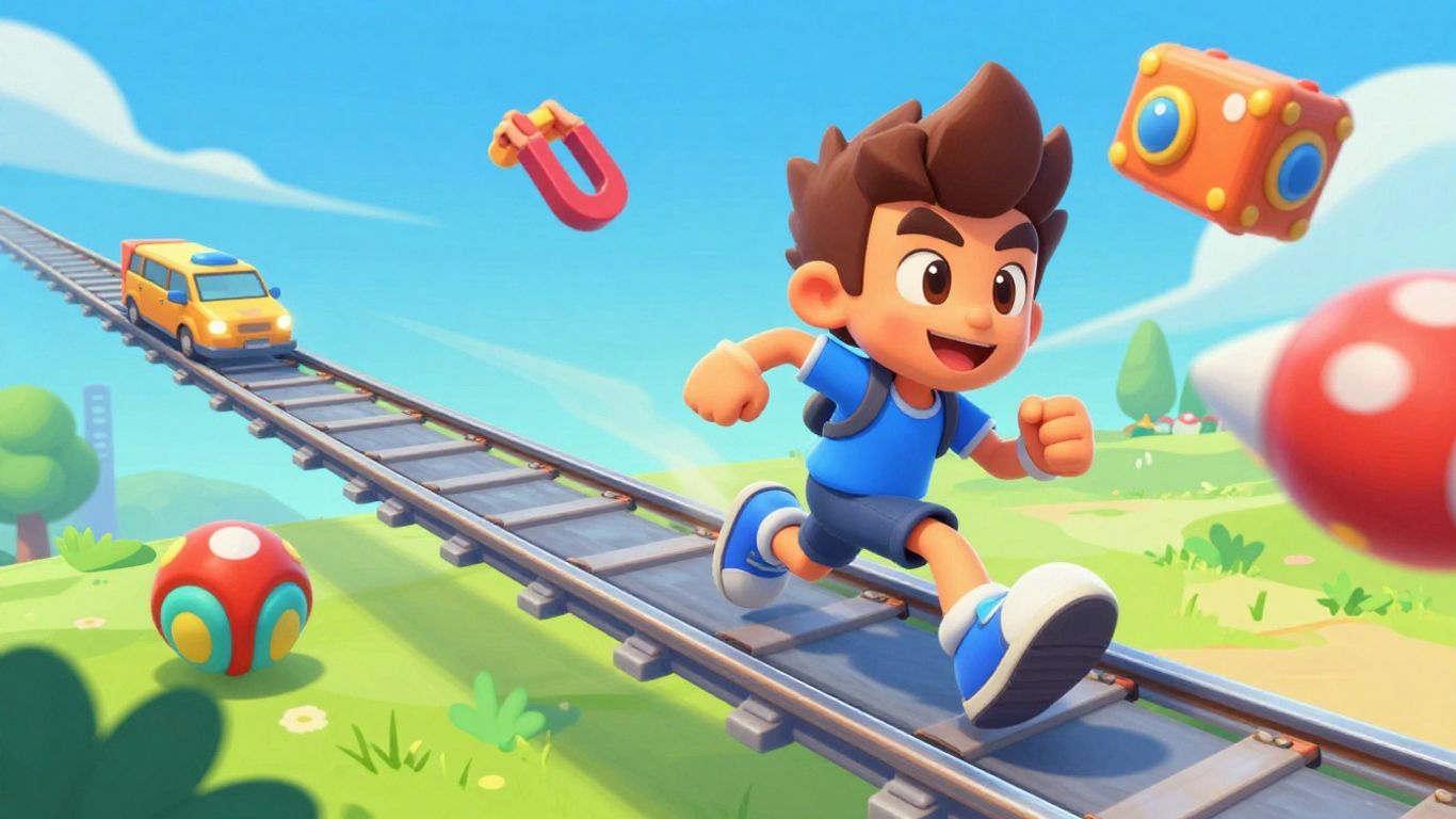 Subway Surfers character running with power-ups.
