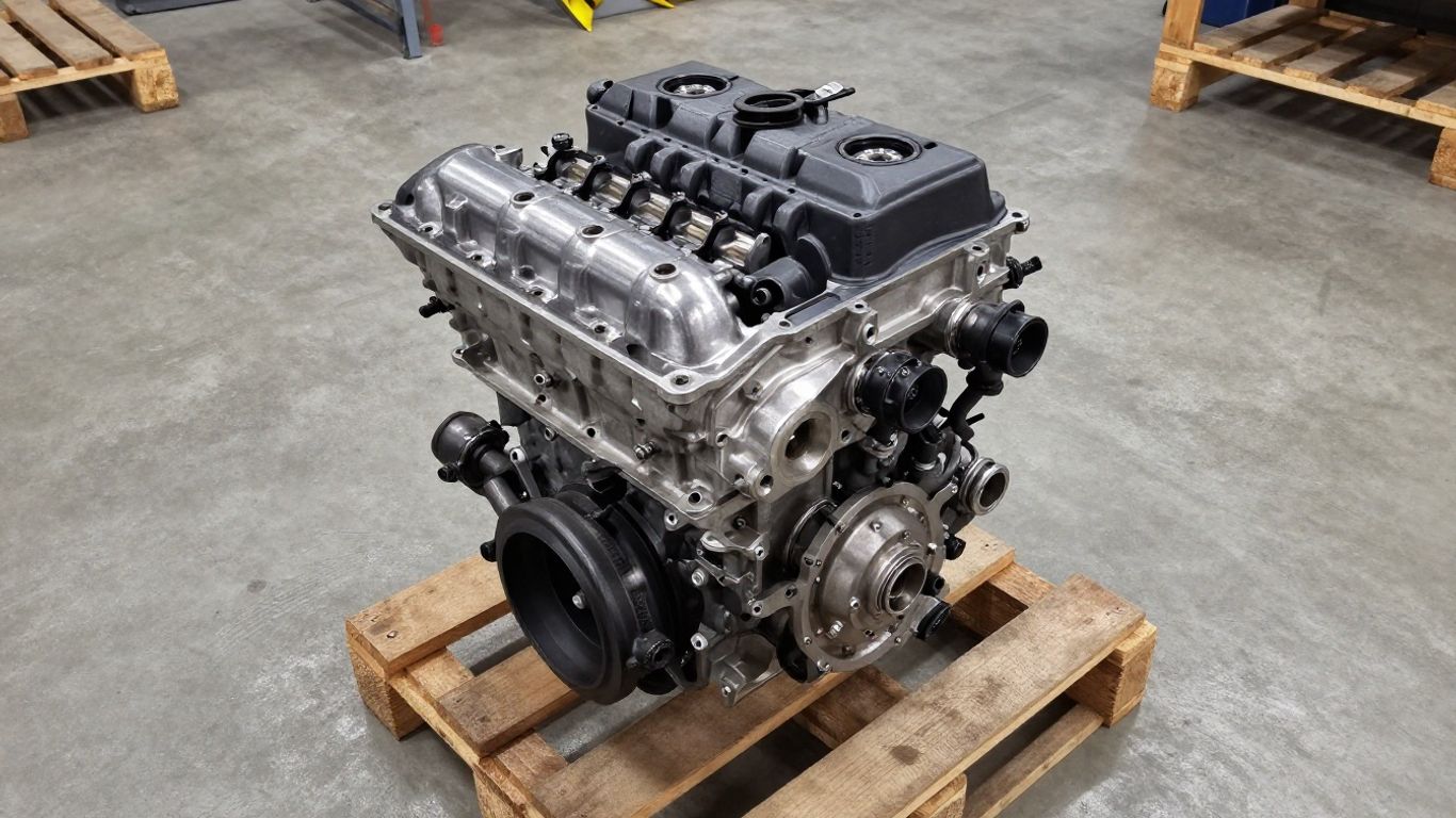 A clean salvaged engine sitting on a wooden pallet