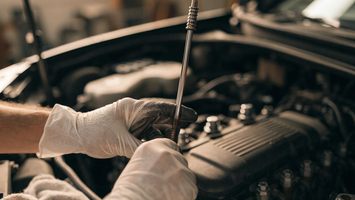 Close view of transmission dipstick and clean workshop gloves