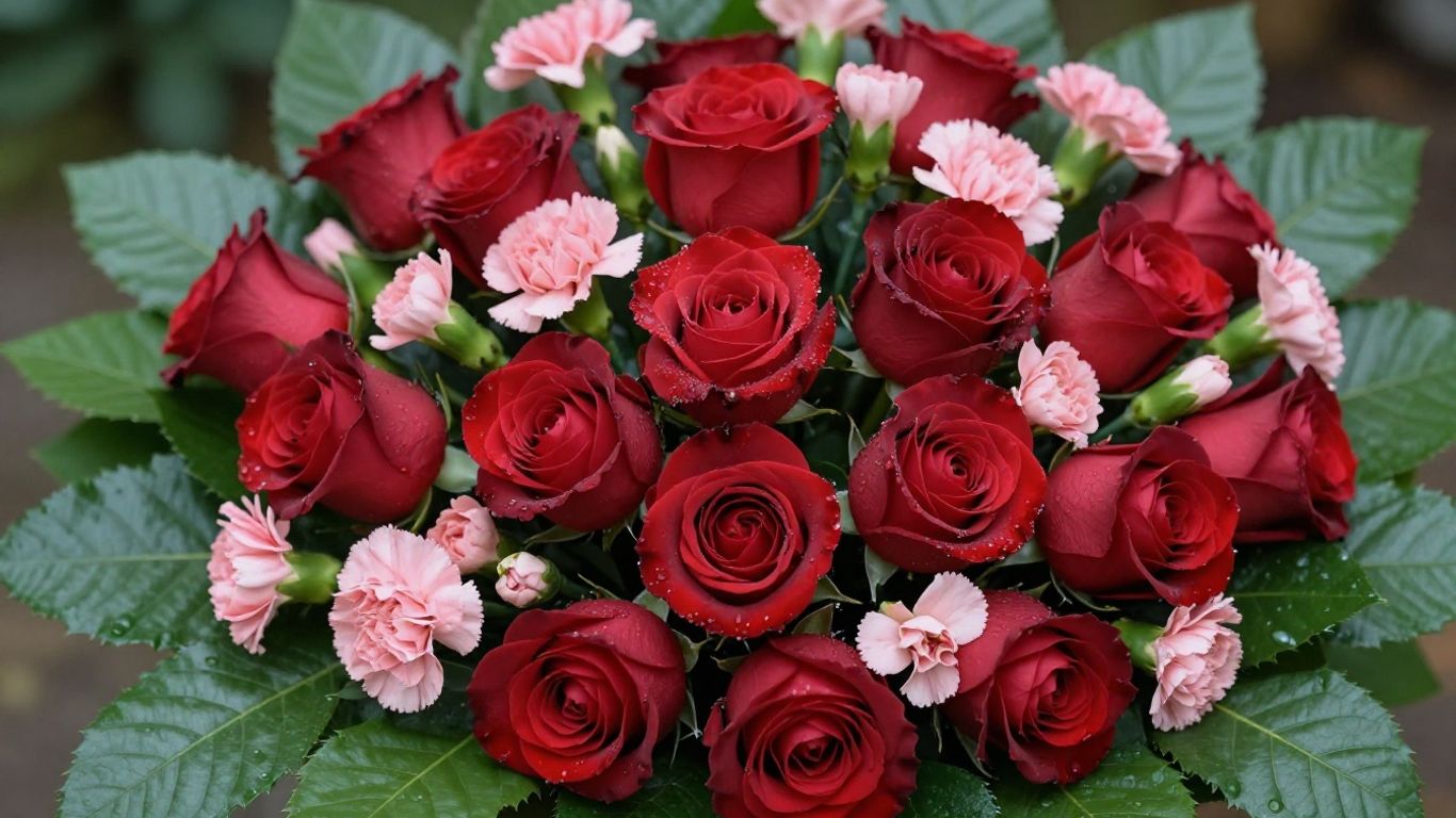 Valentine's Day flowers: roses and carnations bouquet.