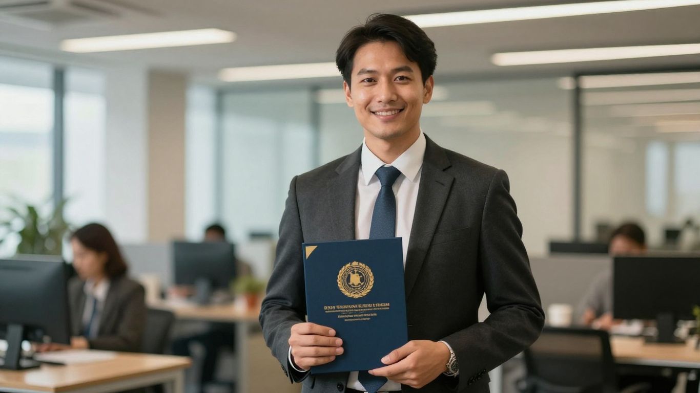 Professional holding a certification, symbolizing achievement and growth.