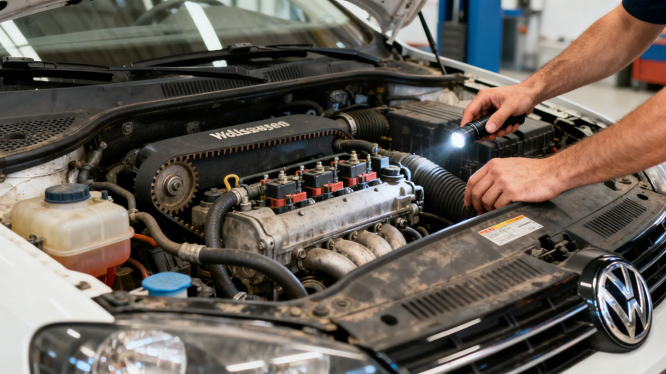 Motorraum eines gebrauchten VW bei Tageslicht
