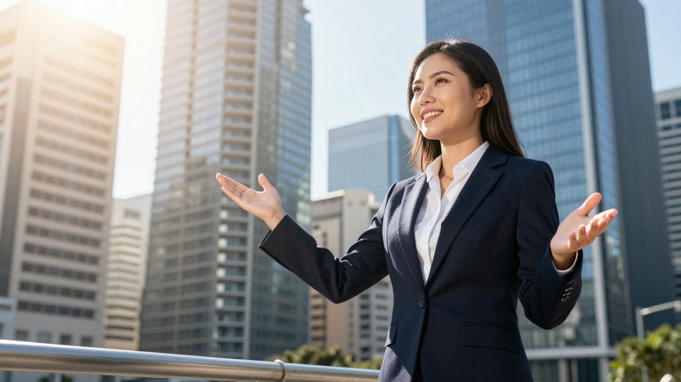 Real estate agent pointing at city skyline