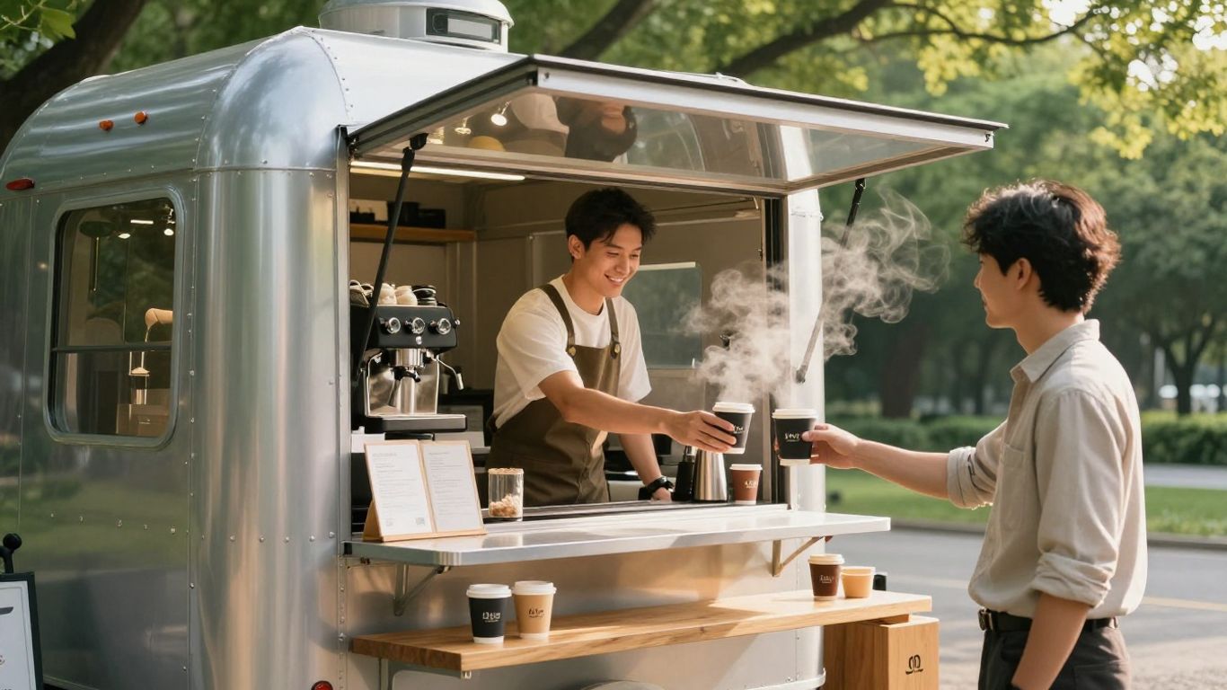 Modern converted coffee trailer serving drinks outdoors
