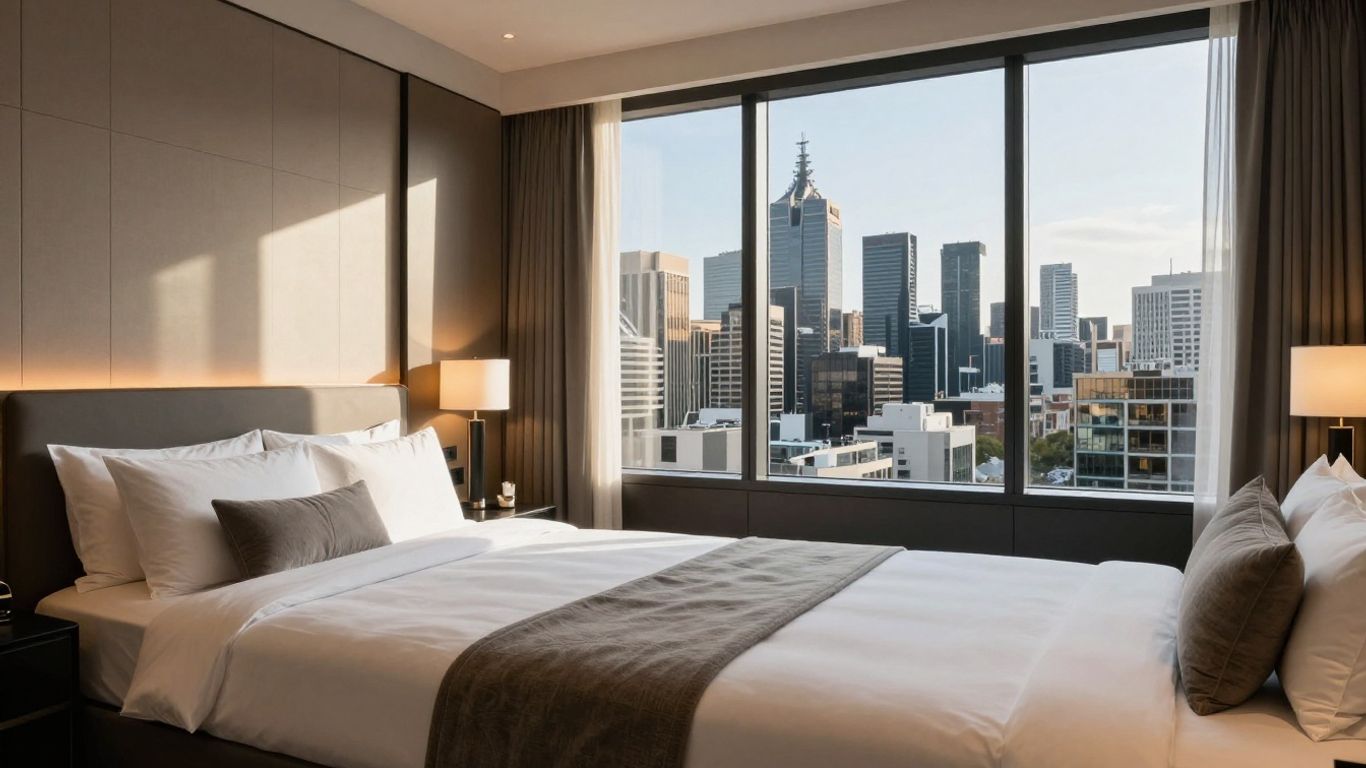 Luxury hotel room with Melbourne skyline view.