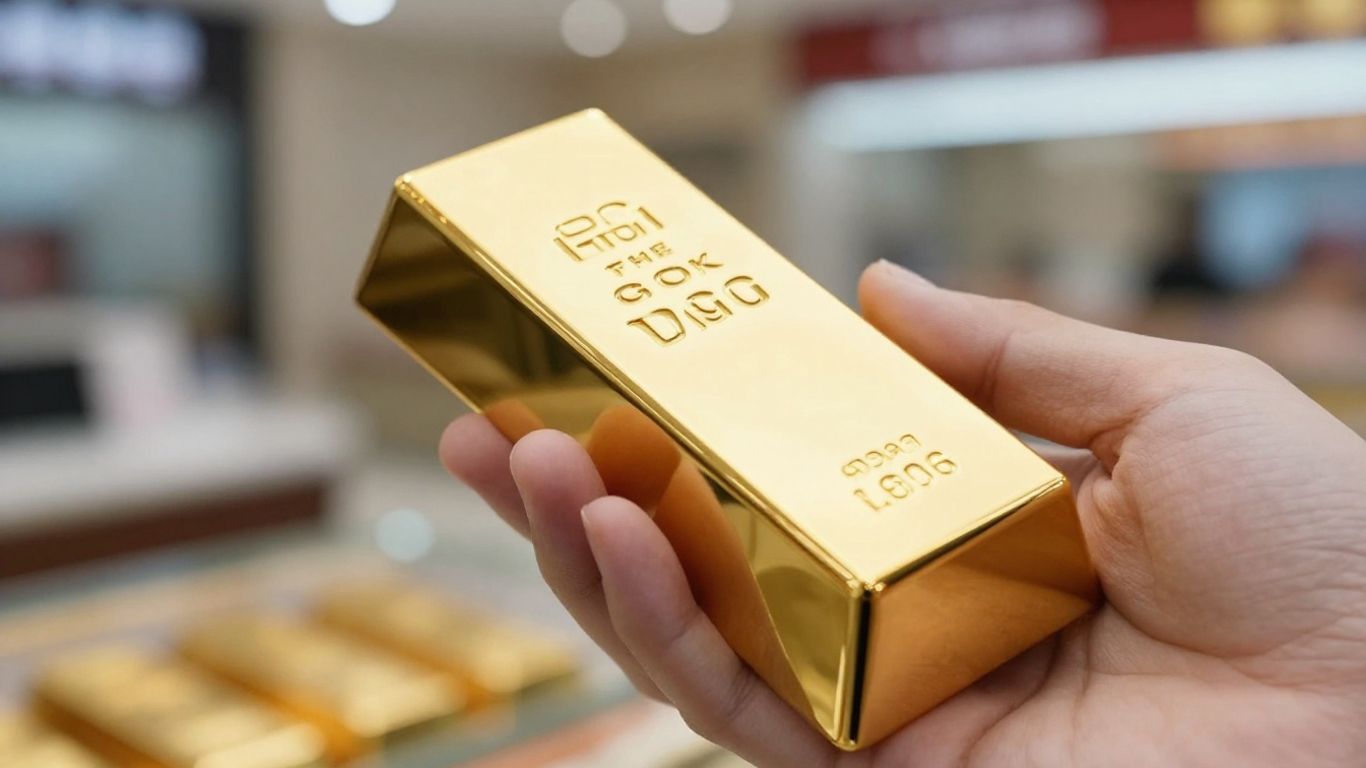 Main d'or tenant une barre d'or, marché boursier flou.