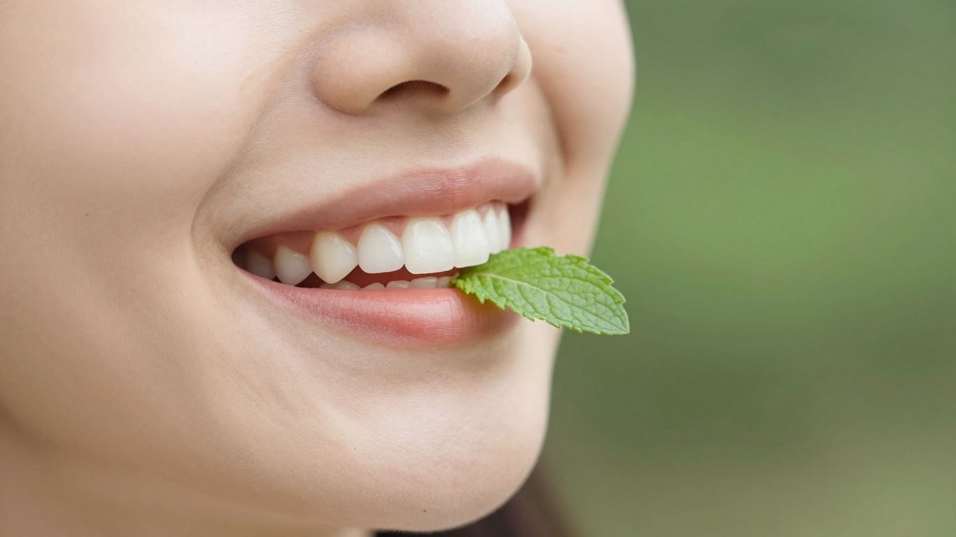 Person smiling with fresh breath and a mint leaf.