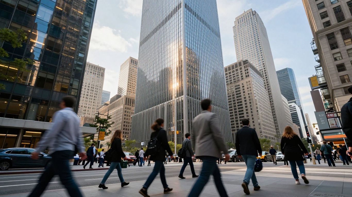 Financial district with skyscrapers and busy activity.