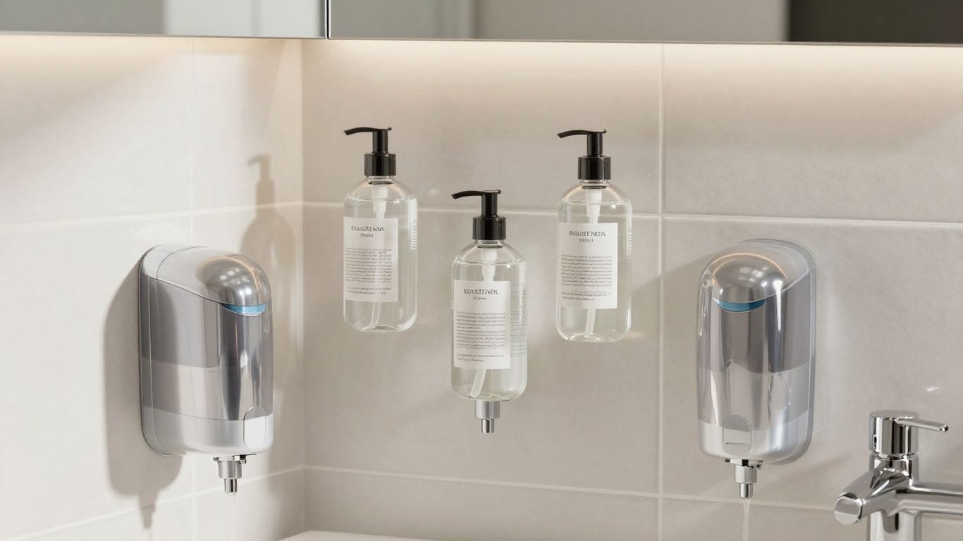 Wall-mounted shampoo dispensers in a modern bathroom.